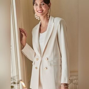 NWT Chico's English Cream Faux Double Breast Ponte Blazer w Gold Buttons Sz:L